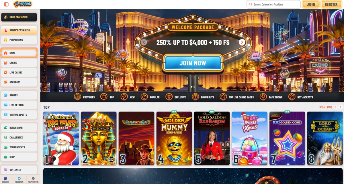 Wyns Casino homepage showing the welcome bonus of 250% up to $4,000 + 150 free spins